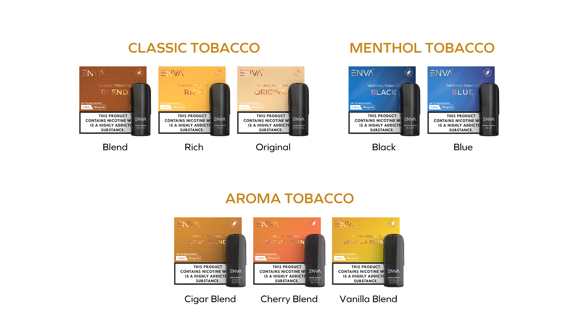 ENVA Prime
Classic Tobacco
Menthol Tobacco
Aroma Tobacco