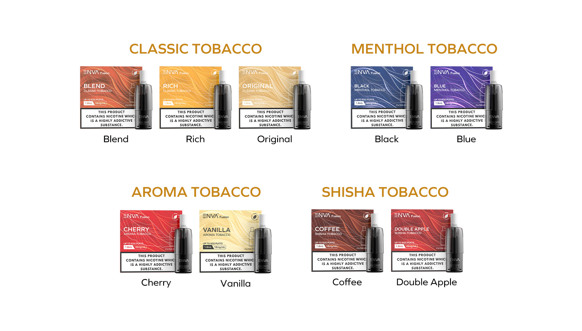 ENVA Classic Tobacco
ENVA Menthol Tobacco
ENVA Aroma Tobacco
ENVA Shisha Tobacco