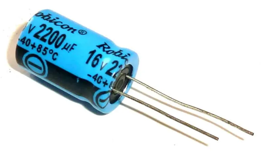 A microfarad capacitor in use in a consumer electronics device.