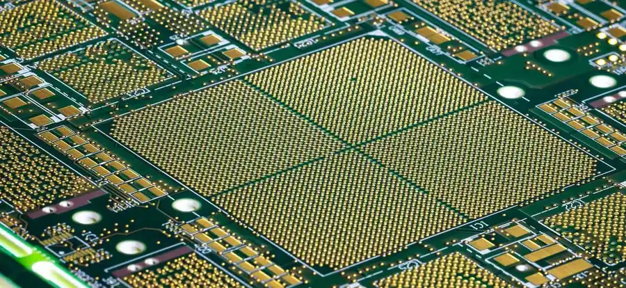 A close-up view of a high-density interconnect PCB.