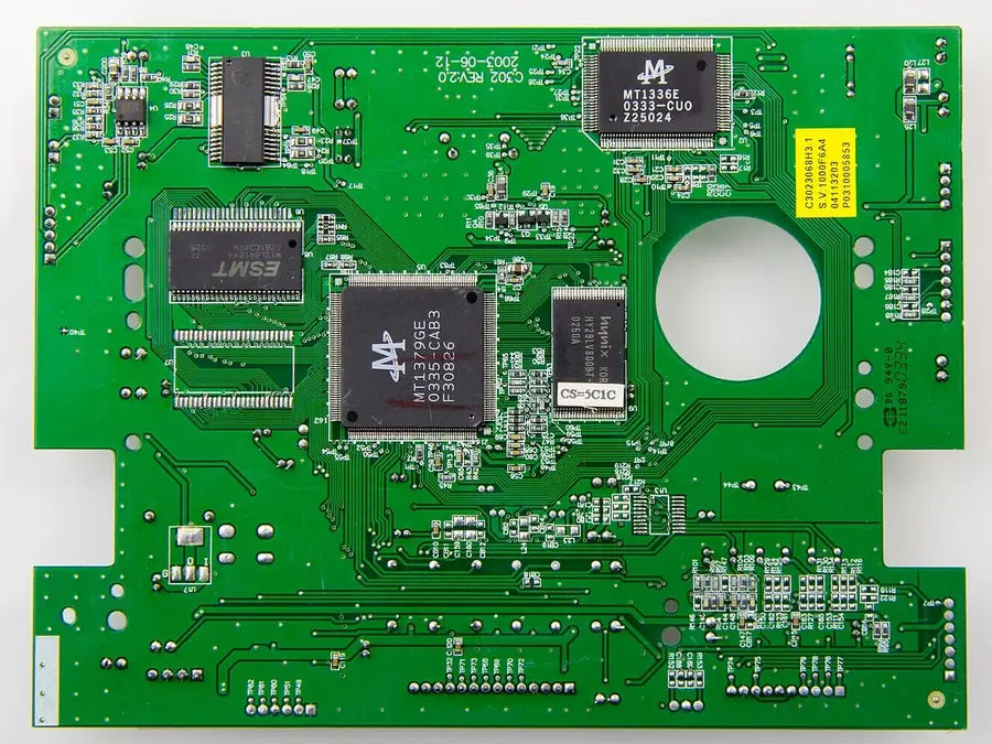 A standard printed circuit board with visible traces and components.