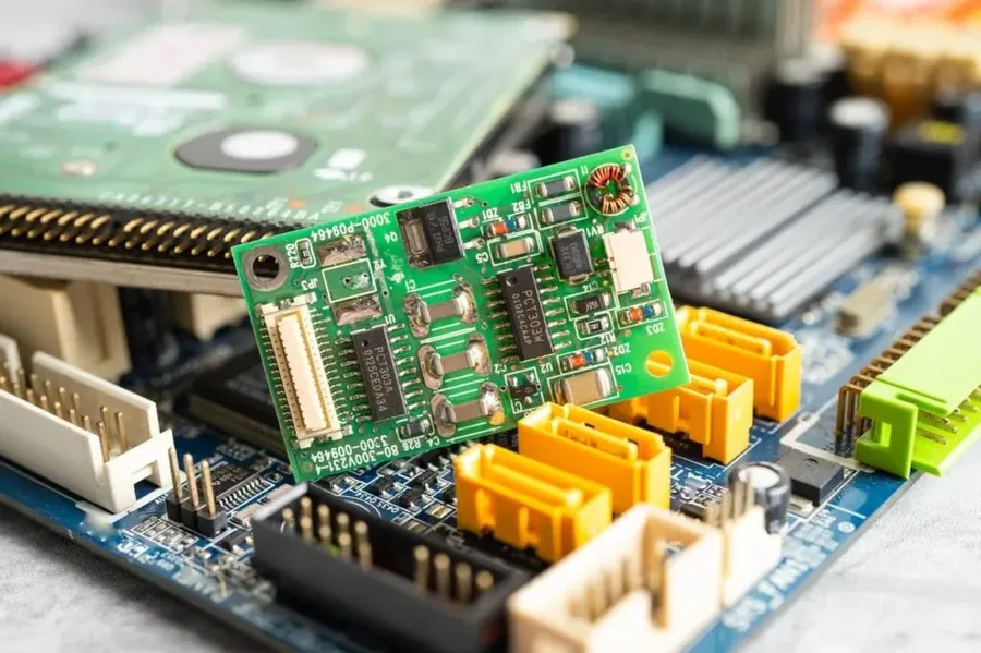 A circuit board with a green theme, symbolizing sustainability.