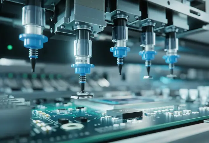 A view of a factory floor where printed circuit boards are being manufactured.