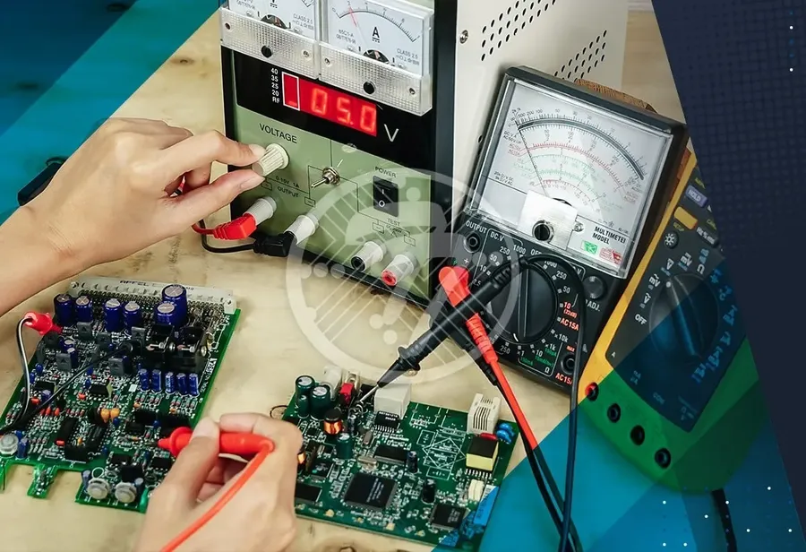 A technician inspecting a fully assembled PCB.