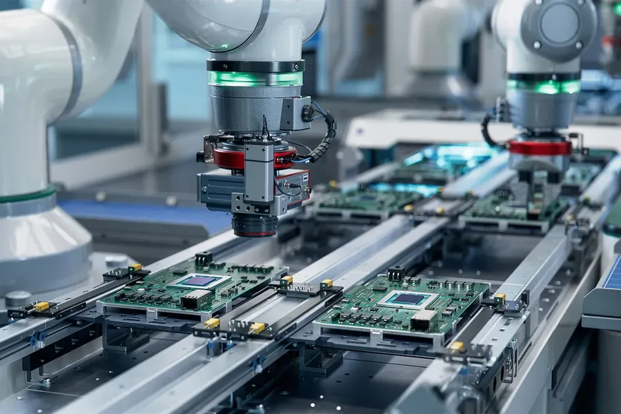 A photo of a PCB production line, showing various stages of manufacturing.
