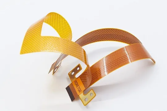 A custom designed flexible circuit board showing various shapes and connection points.