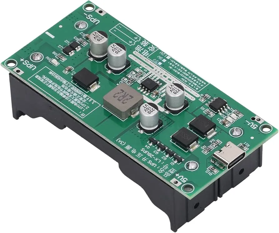 A close-up of a UPS circuit board with various electronic components.