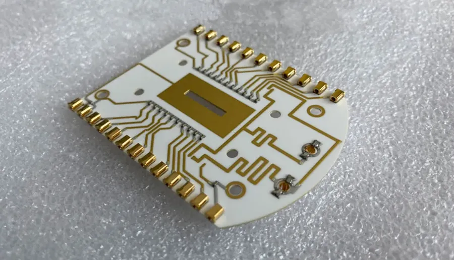 A close-up view of a ceramic PCB.