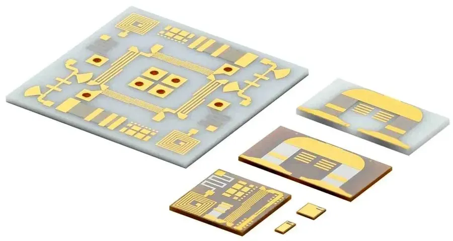 A ceramic circuit manufactured using thin film technology.