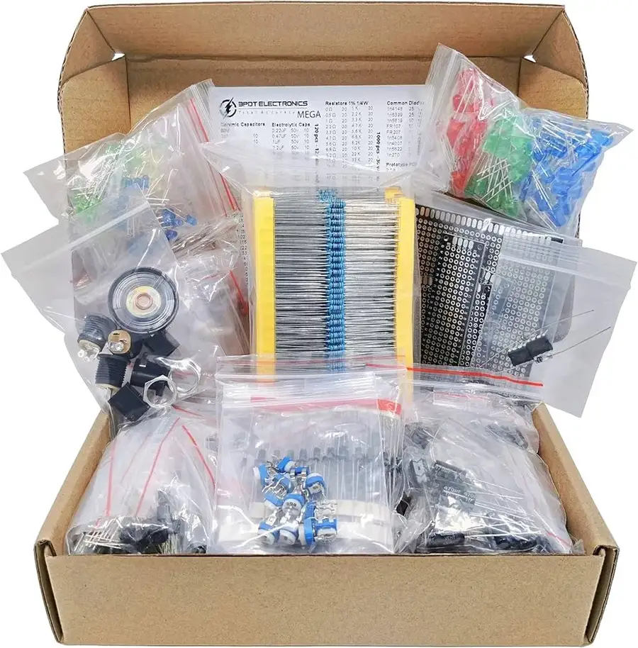 An assortment of various electronic components including resistors, capacitors, ICs, and diodes.