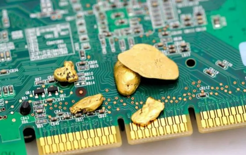 Close-up of a PCB with gold plating.