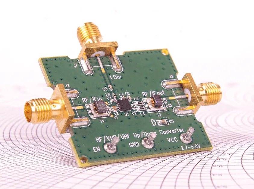 A close-up of a radio frequency PCB board.