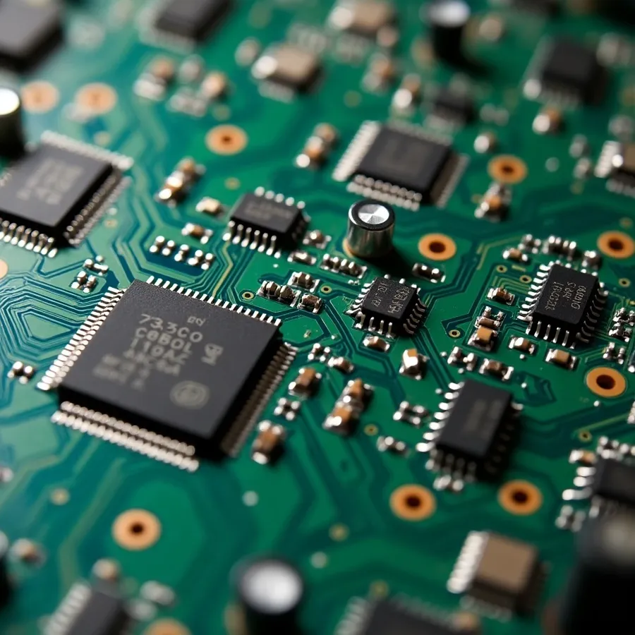 A close up view of a detailed circuit board.