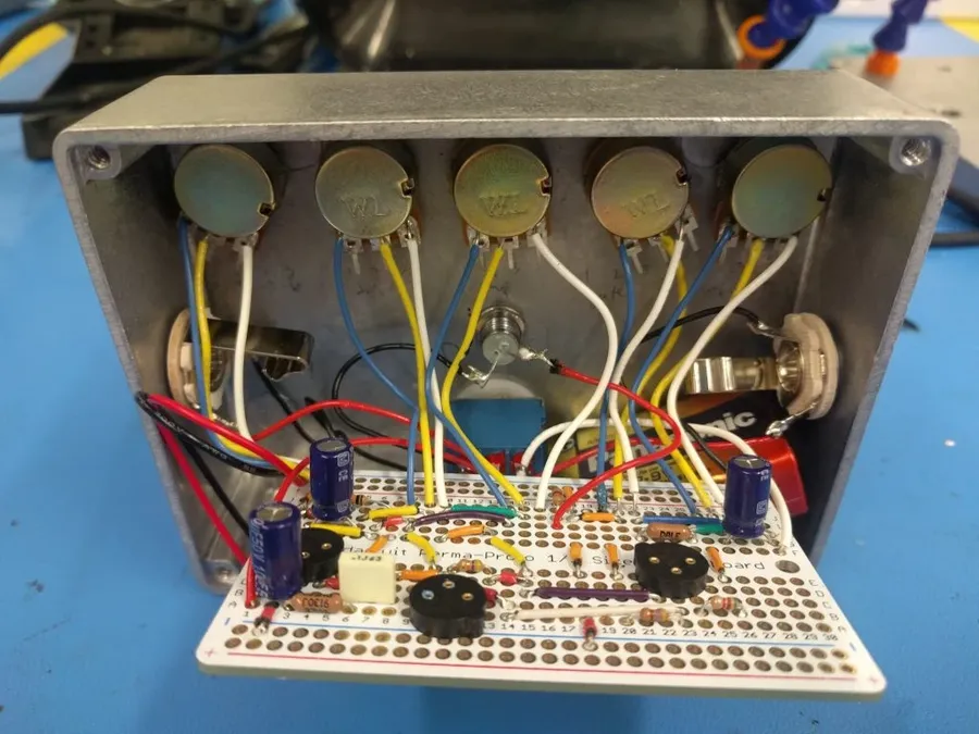 Close-up of components on a ZVex Fuzz Factory circuit board.