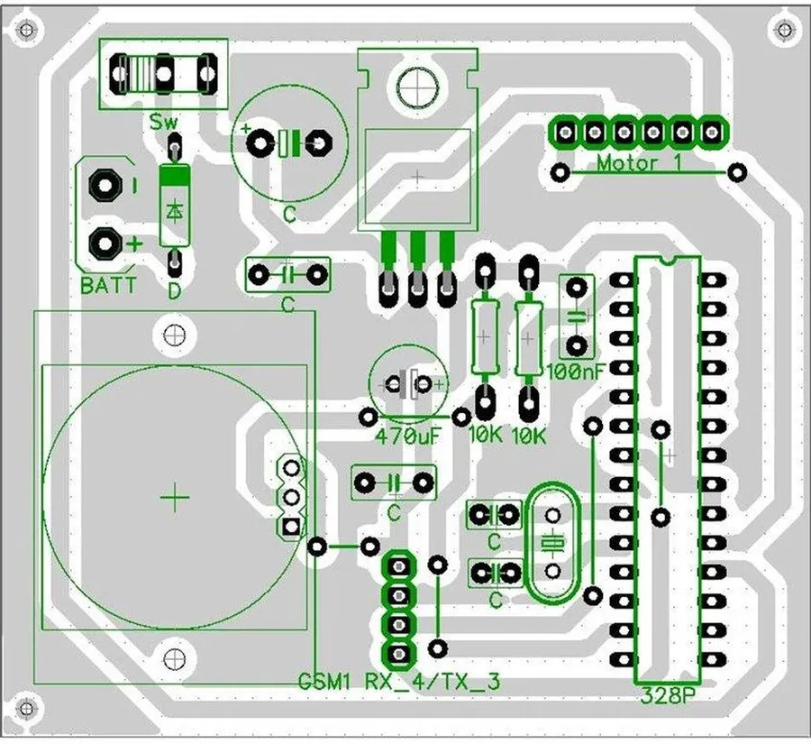 A detailed view of a PCB layout with traces and components.