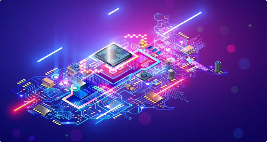 A conceptual image of a futuristic PCB with advanced technology.