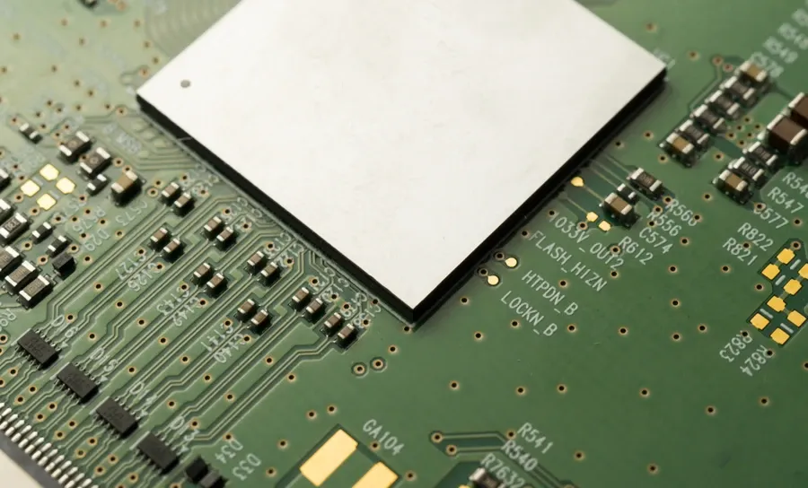 Close-up of a high-density PCB with intricate traces and components.