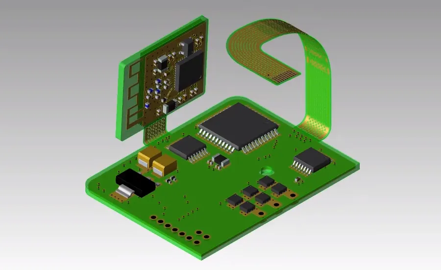 A cross-section image of a multilayer rigid-flex PCB.