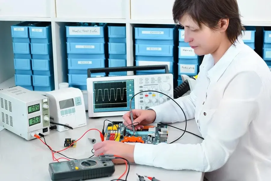 A technician inspecting a PCB with magnifying tools.