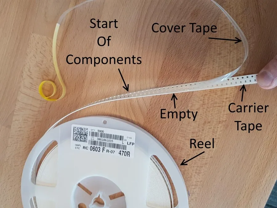 Various component reels used in PCB assembly.