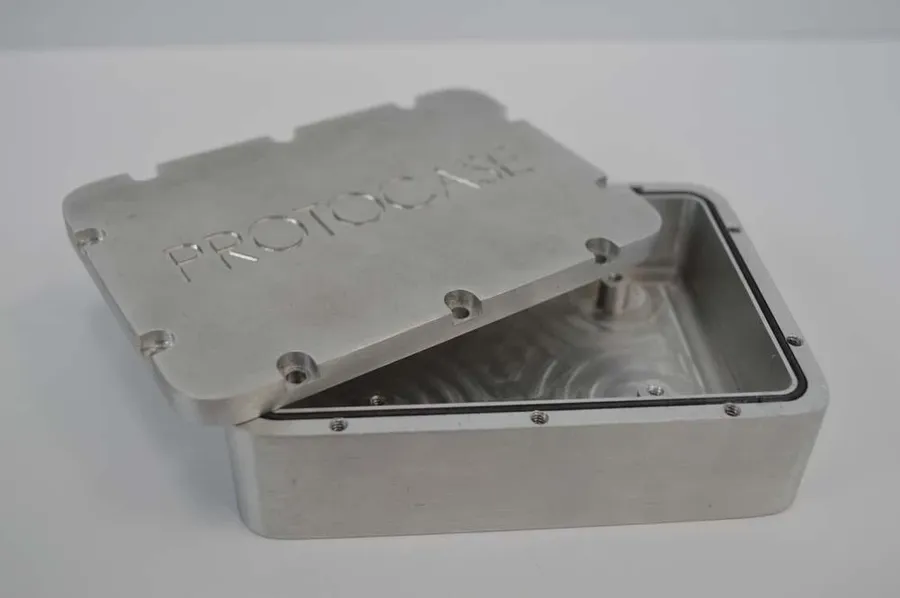 A close-up of a CNC machined electronic enclosure.