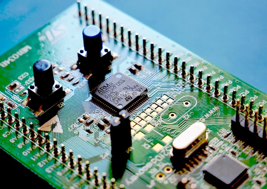 Close up view of surface mount components on a PCB.