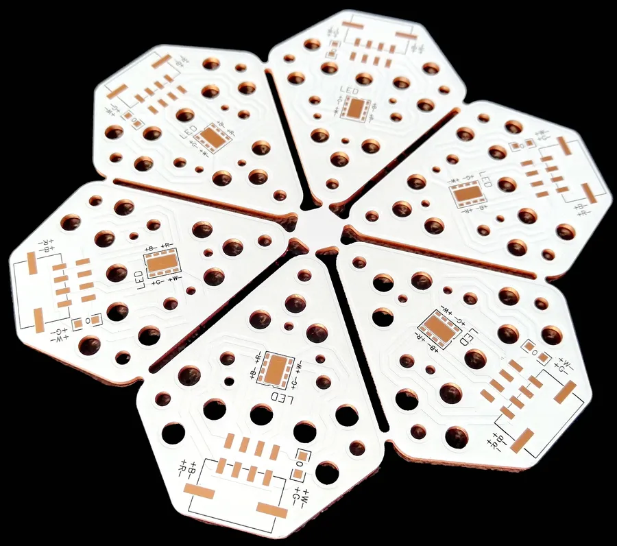 A close-up of an aluminum PCB with electronic components.