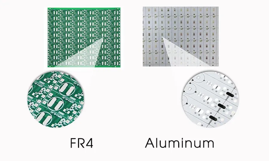 Side by side view of an aluminum PCB and a FR4 PCB.