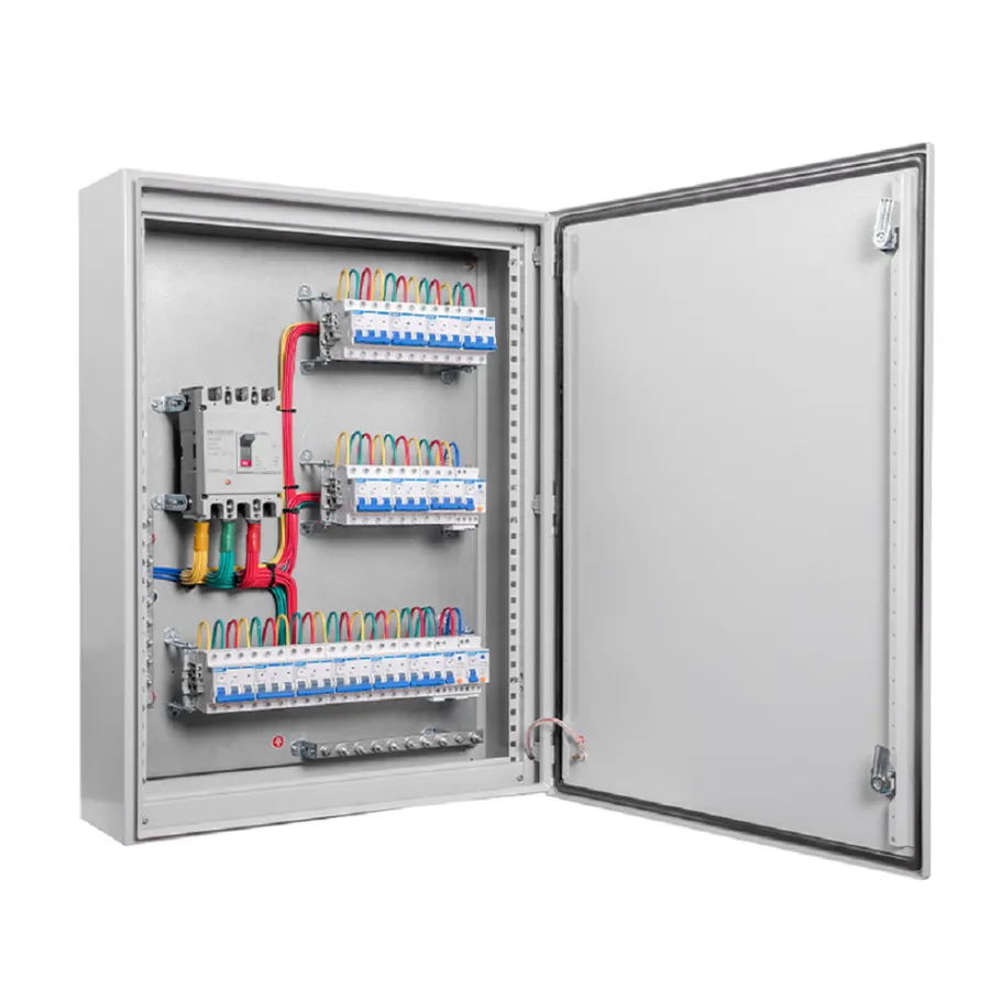 Internal view of an electrical distribution box with wiring and circuit breakers.