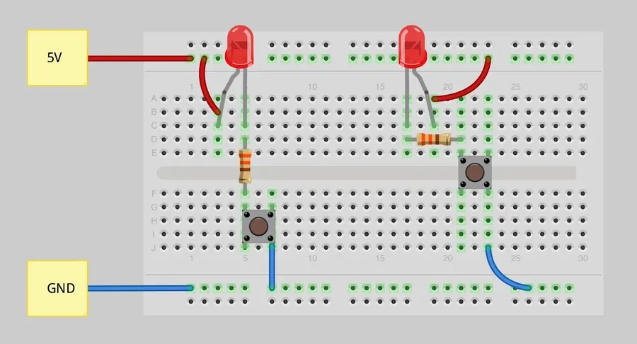 A breadboard with electronic components connected.