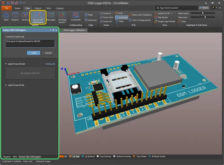 Screenshot of CircuitMaker software interface with a PCB design project open.
