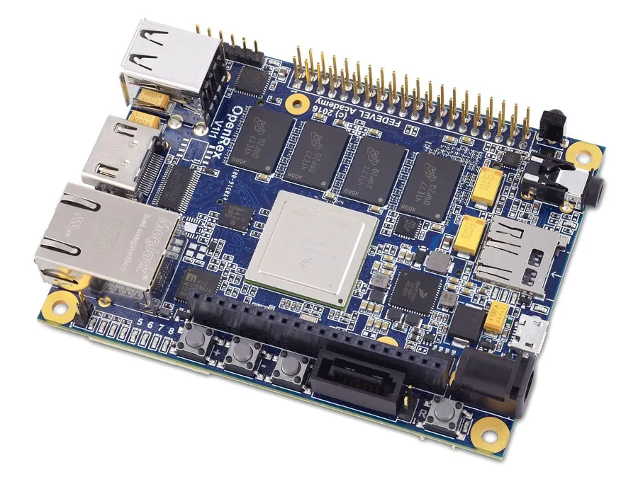 Close-up of an assembled open-source hardware PCB.