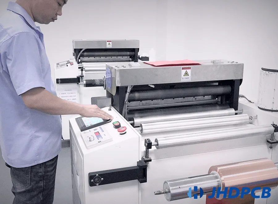 A production line for flexible circuit boards in a factory.