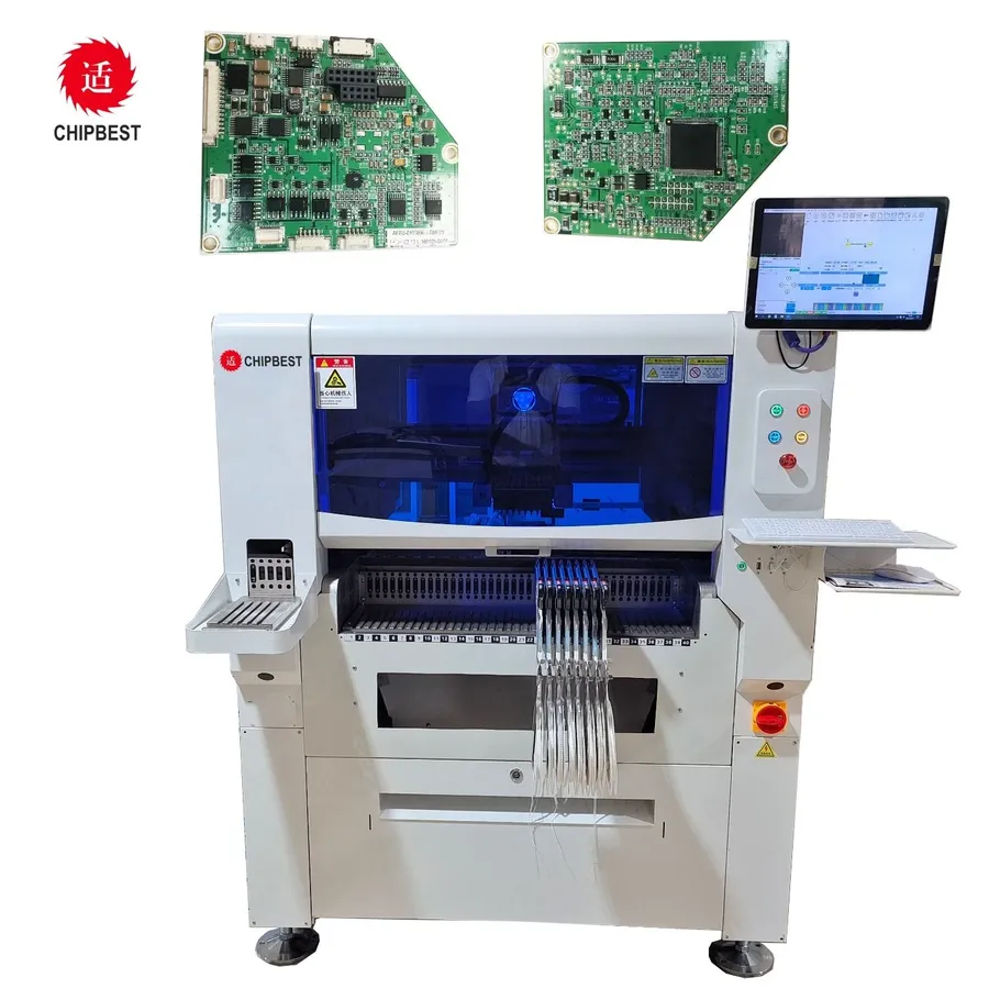 A pick and place machine in action, assembling components onto a PCB.
