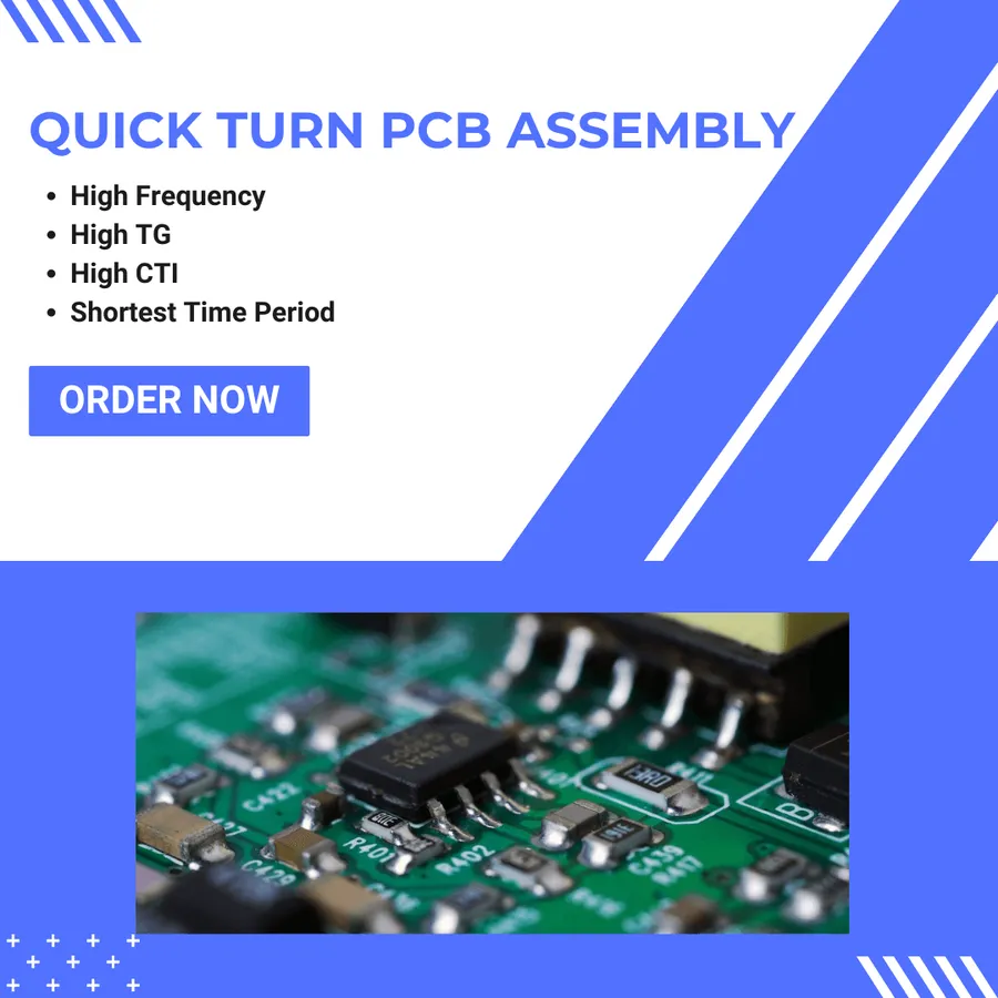 A bare quick turn PCB board with visible traces and pads.