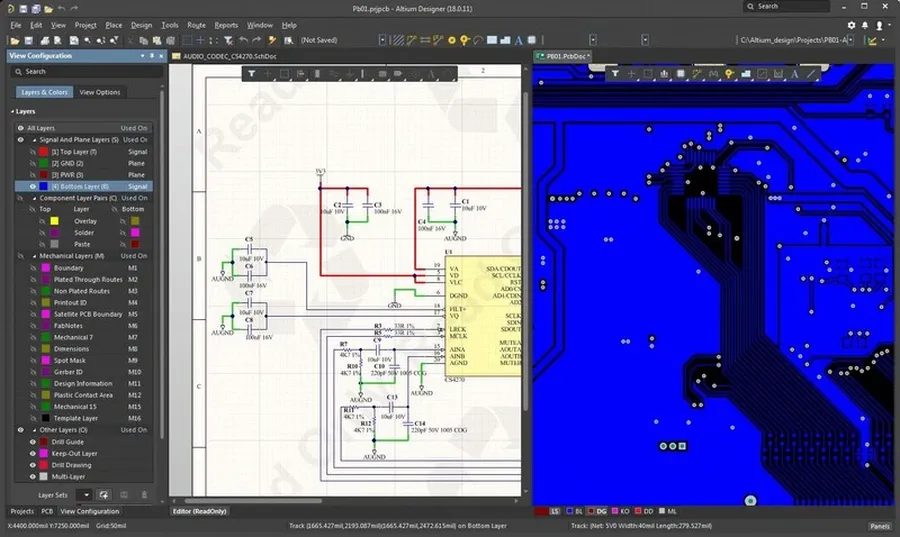 Screenshot of the PADS PCB design software interface showing a complex circuit board layout.