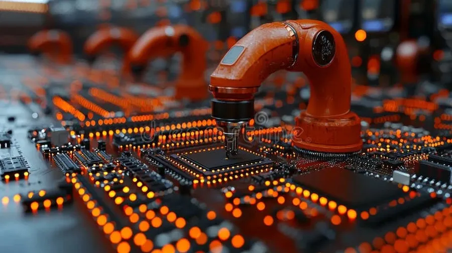 A wide shot of a circuit board manufacturing facility with various machines and workers.