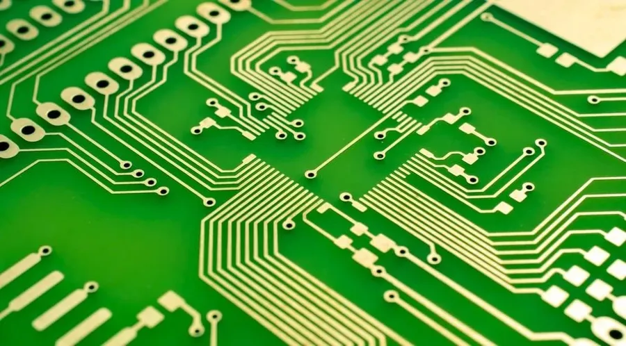 A close-up of a bare printed circuit board.