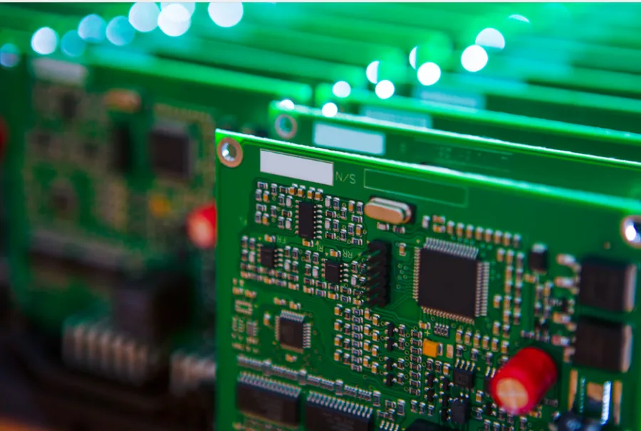 A close-up of a custom printed circuit board with various components.