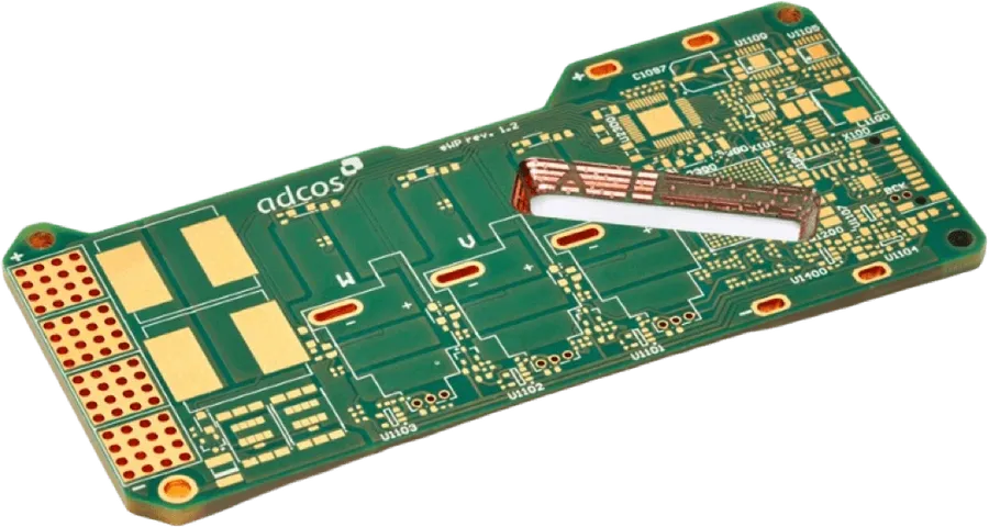 A close up view of a heavy copper PCB.