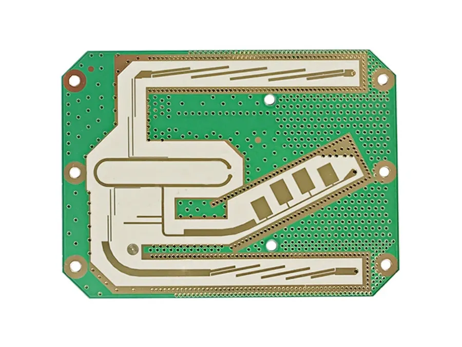 A close-up view of a microwave PCB with intricate traces and components.