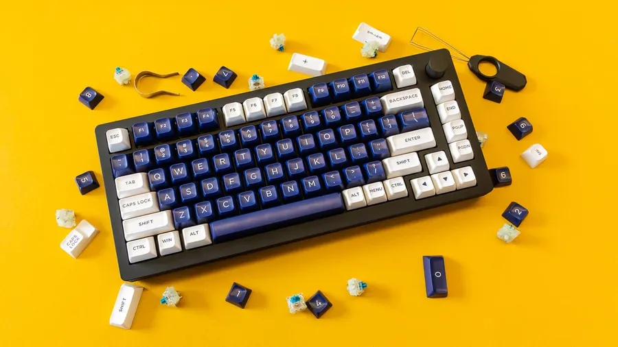 A fully assembled custom mechanical keyboard with unique keycaps.