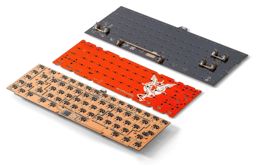 A bare keyboard PCB with visible traces and pads.