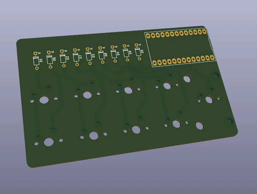 Close-up view of PCB traces and vias on a keyboard PCB.