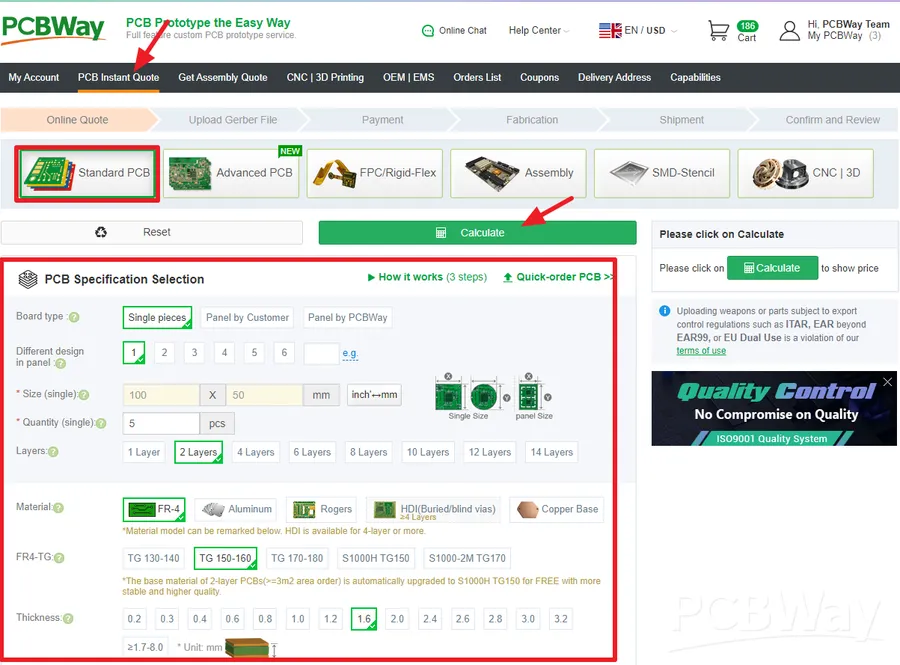A screenshot of the PCBWay website's order interface.