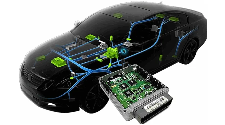 A close-up of an automotive PCB with various electronic components.