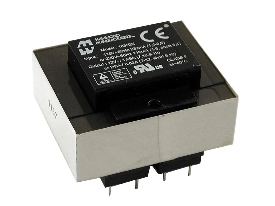 A PCB mount transformer installed on a printed circuit board.