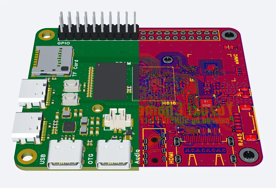 A printed circuit board manufactured by JLCPCB.