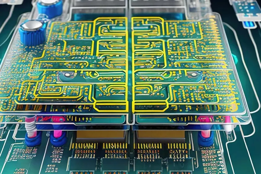 A cross-section view of a multilayer PCB showing multiple layers.