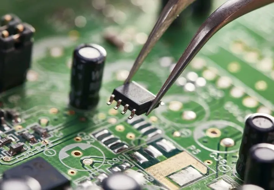 An engineer working on a computer-aided design (CAD) software for PCB layout.